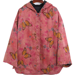 香云纱真桑蚕丝轻薄柔软棉服复古宽松大号码衣版连帽短款印花外套