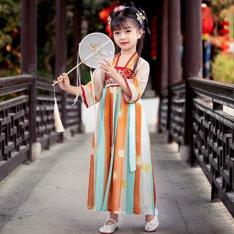 中国风胭脂妆舞蹈服新款古装汉唐儿童汉服春夏连衣裙六一演出服女