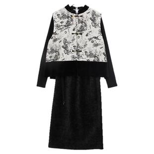 朵以2025冬装新款套装女新中式立领马甲打底衫半身裙黑色三件套