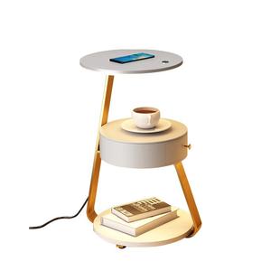 沙发旁边几客厅实木床头侧边柜移动中古创意小圆桌子置物茶几带灯