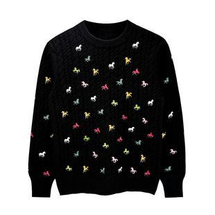 美式复古麻花编织保暖针织衫男高级黑色潮流刺绣毛衣男款冬季加厚