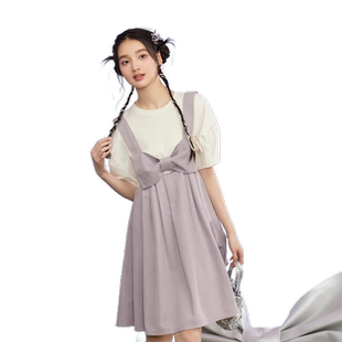紫涵T恤蝴蝶结背带裙套装女夏季新款泡泡袖上衣连衣裙两件套装裙