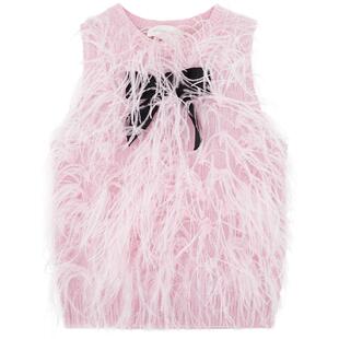 【SALE】【SHUSHUTONG】蕾虎冬季甜美气质驼鸟毛装饰针织上衣女