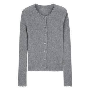 Mind Bridge【绵羊毛】2026春纯色花边针织法式开衫女士时尚毛衣