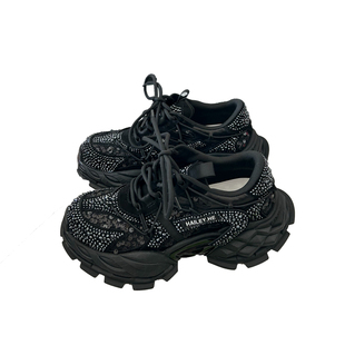 欧洲站女鞋2026春季新款真皮水钻老爹鞋女增高厚底休闲鞋黑色潮鞋