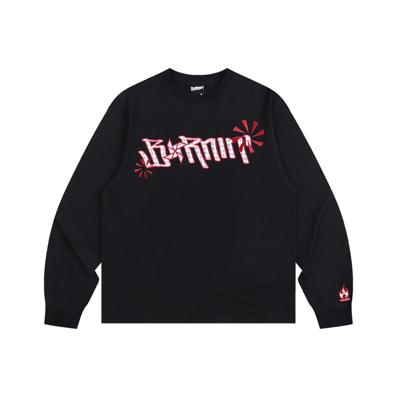 BURNIN*火苗风车贴布绣长袖T恤男简约休闲宽松圆领上衣情侣百搭潮