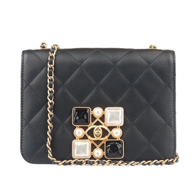 9新CHANEL香奈儿巴洛克宝石方扣口盖黑小牛皮斜挎二手奢侈品包包