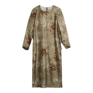 TOFOD 翰林院 重磅真丝斜纹绸 工笔画印花圆领长袖连衣裙