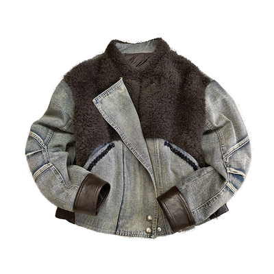 羊羔毛拼接牛仔羽绒服女复古短款