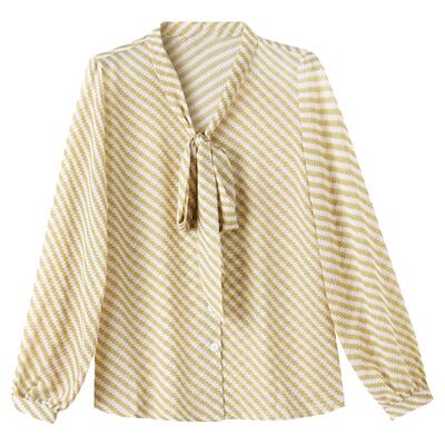 百家好绿色波纹系带雪纺衬衫女