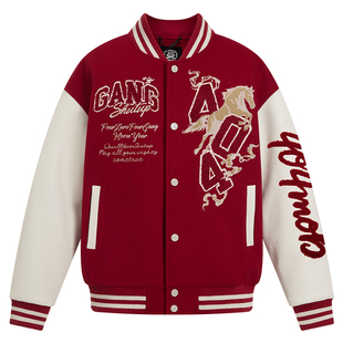 404MOB马年2026夹棉加厚毛巾绣红色棒球服男女美式宽松情侣外套潮