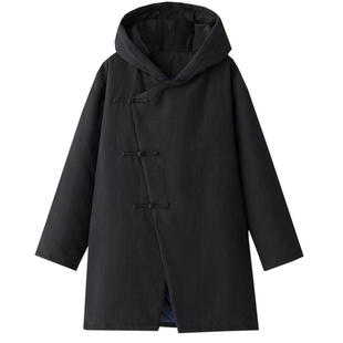 朴笙记连帽棉衣中国风中长男款加厚大码宽松复古不对称棉麻茶棉袍