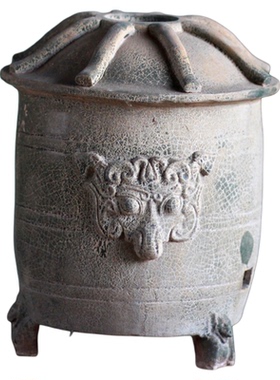 唐三彩陶瓷三足兽头粮仓大全摆件