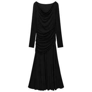 【季末折扣】欧时力 天丝不对称褶饰针织连衣裙收腰长裙2025秋冬