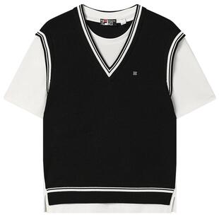 FILA 斐乐官方女子针织短袖衫2025秋新款时尚休闲舒适假两件上衣