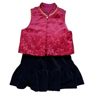 奶油bab新年女童国风套装冬2025女宝宝新中式喜庆红色马甲拜年服