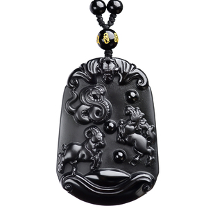 黑曜石三会蛇马羊巳午未火局吊坠木局虎兔龙生肖吉祥物项链男挂件