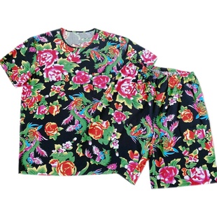 夏季棉绸睡衣家居服套装东北大花演出服装男士短裤短袖圆领T恤衫