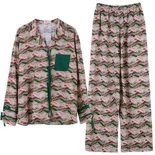 朵朵可可睡衣女春秋季新款竹节棉复古印花长袖长裤家居服套装