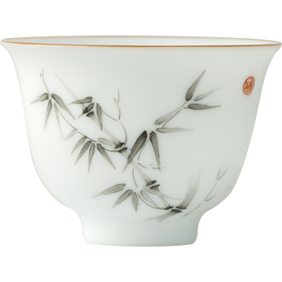 三勤堂功夫茶具八头套组薄胎白瓷简约手绘墨竹主人杯家用高档礼盒