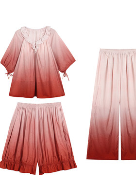 原创吸汗透气棉纱睡衣两件套渐变色柔软宽松家居服胸垫套装可外穿