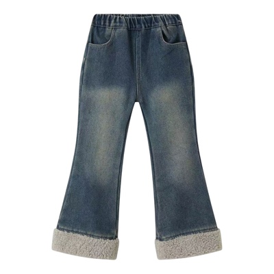 senbaby童装女童牛仔裤2025秋冬韩版儿童加厚加绒牛仔毛边喇叭裤