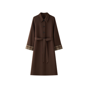 TEASEL「城市漫行」巴恩风露珠羊毛撞色拼格纹单排扣抗皱长款风衣