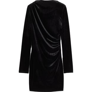 HM女装丝绒连衣裙春季休闲碎褶修身高领连衣短裙1203204