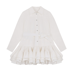 SourceWithU伊丽莎白 纯棉重工大裙摆法式衬衫连衣裙白色蓬蓬短裙
