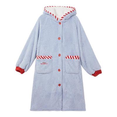 甜美连帽法兰绒长款睡衣