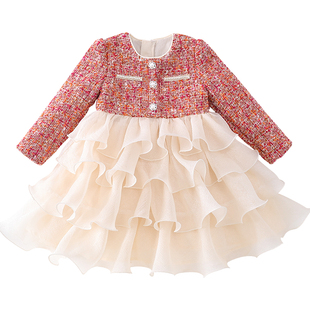 米米哈罗女童公主裙冬装2025新款儿童加绒小香风连衣裙女孩蛋糕裙