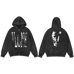 VLONE 潮牌logo拉链卫衣美式街头男女同款帽衫印花复古连帽外套