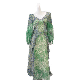 刘亦菲同款绿色碎花连衣裙V领灯笼袖荷叶边显瘦海边度假沙滩长裙