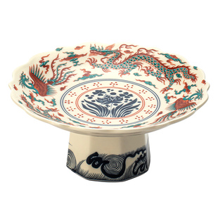 清山胡同复古陶瓷高脚果盘中式茶点盘家用点心盘零食盘茶歇糕点盘