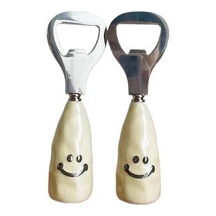 可爱笑脸啤酒开瓶器家用仿陶瓷柄可站立酒瓶起子不锈钢开盖啤酒杯