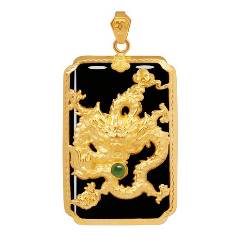 足金黄金镶玉龙吊坠龙牌和田白玉墨玉男金包玉男士双龙挂件包顺丰