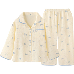 【超柔软】纯棉睡衣带胸垫女款春秋季可外穿双层棉纱家居服套装