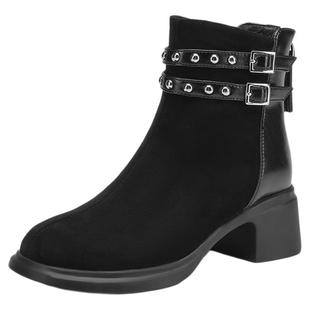 星期六真皮短靴美拉德西部靴高跟女款厚底皮靴增高瘦瘦靴短筒女靴