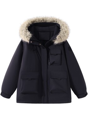 班尼路黑色连帽工装派克羽绒服女冬季新款加厚保暖90白鸭绒外套Q