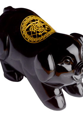 天然黑曜石福猪摆件黑色水晶猪