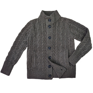 全羊毛半高立领毛衣加厚男美式复古棒针麻花粗线针织开衫保暖外套