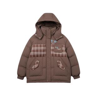 紫涵短款连帽羽绒服女2025年冬季新款撞色格纹拼接小个子鸭绒外套