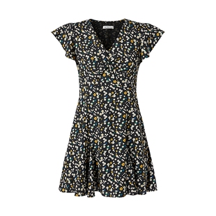 摩萨克夏款法式V领田园碎花小飞袖收腰短款伞摆连衣裙女