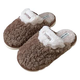 细细条 棉拖鞋男士冬季2025韩版复古拼色室内防滑保暖情侣毛毛鞋