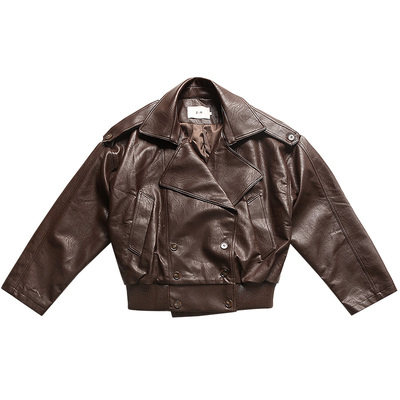 日系复古机车翻领PU皮衣男冬季