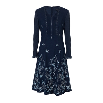 马天奴V领刺绣长裙绵羊毛