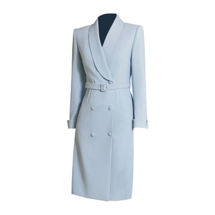 艾尚臣主持人蓝色西装领连衣裙女秋冬款爱尚臣职业装女神范套装裙