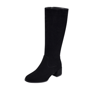 2025新款女士秋冬季绒面粗跟长筒靴女中跟骑士靴高筒女靴羊皮靴子