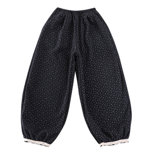 女童森系束脚裤加绒秋冬宽松印花灯笼裤一体绒加厚休闲裤花边长裤