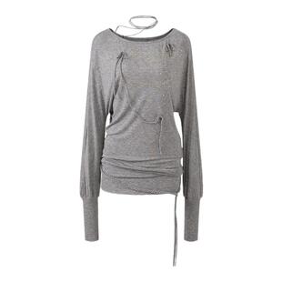 SULTRY VIRGIN 2025秋季新款纯色一字肩上衣女蝴蝶结抽绳装饰上衣